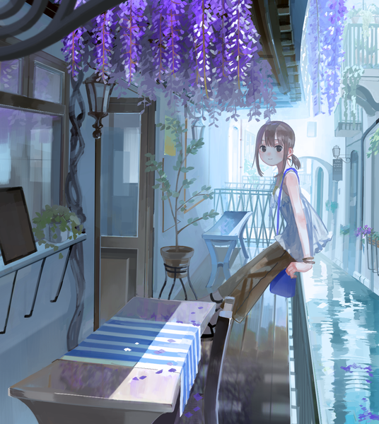 Anime picture 1225x1371 with original aspara single tall image blush fringe short hair brown hair payot full body light smile black eyes arm support low ponytail girl flower (flowers) plant (plants) water window building (buildings)