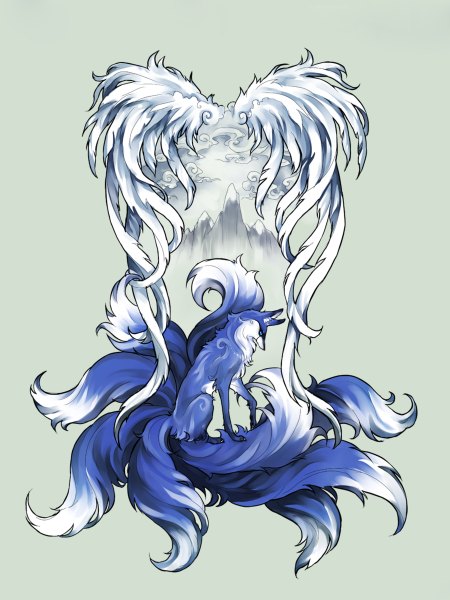 Anime picture 900x1200 with original yuumei single tall image simple background cloud (clouds) tail profile grey background mountain no people angel wings multiple tails white wings animal wings fox