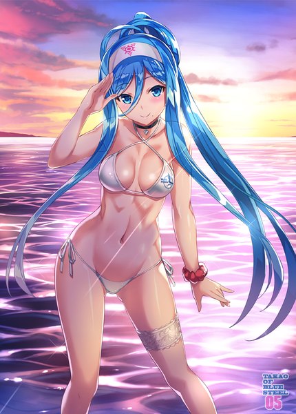 Anime picture 717x1000 with aoki hagane no arpeggio takao (aoki hagane no arpeggio) mutsumi masato single long hair tall image looking at viewer blush fringe breasts blue eyes light erotic smile hair between eyes standing blue hair sky cloud (clouds) sunlight mole