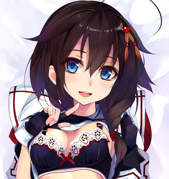 Anime picture 800x850 with kantai collection shigure destroyer shirokitsune single long hair tall image looking at viewer fringe open mouth blue eyes light erotic hair between eyes brown hair upper body ahoge braid (braids) finger to mouth remodel (kantai collection) girl gloves