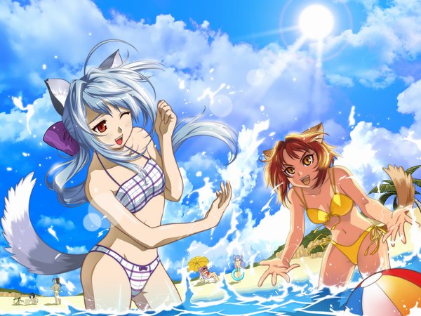 Anime picture 1024x768 with yogurting suiren (yogurting) mei (yogurting) bianka china (yogurting) karen (yogurting) moka (yogurting) souchong eika (artist) long hair short hair multiple girls animal ears yellow eyes blue hair sky cloud (clouds) outdoors ponytail red hair