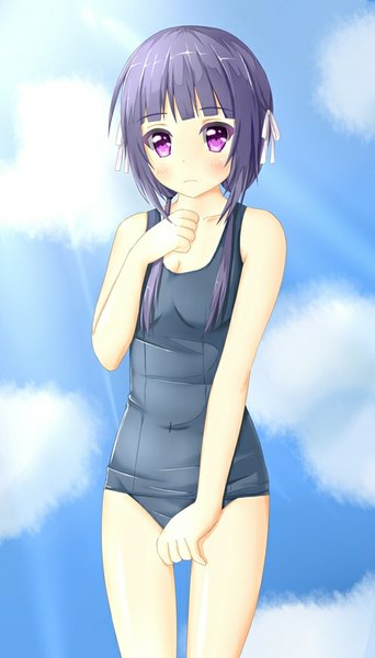 Anime picture 500x875 with nourin kinoshita ringo (no-rin) tear yu single long hair tall image looking at viewer blush fringe standing purple hair pink eyes girl navel swimsuit one-piece swimsuit school swimsuit