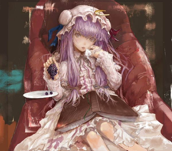 Anime picture 956x841 with touhou patchouli knowledge fuyuno haruaki single long hair looking at viewer fringe sitting purple eyes twintails purple hair bent knee (knees) short twintails crescent girl dress ribbon (ribbons) hair ribbon hat food