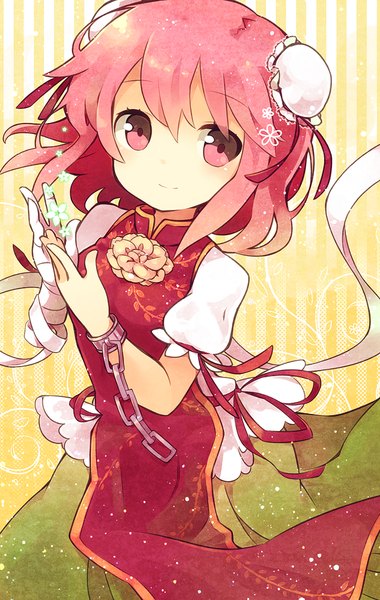 Anime picture 633x1000 with touhou ibaraki kasen fuiyu (feuille0818) single tall image blush short hair smile looking away pink hair pink eyes hair bun (hair buns) chinese clothes striped striped background girl bandage (bandages) chinese dress shackles bun cover