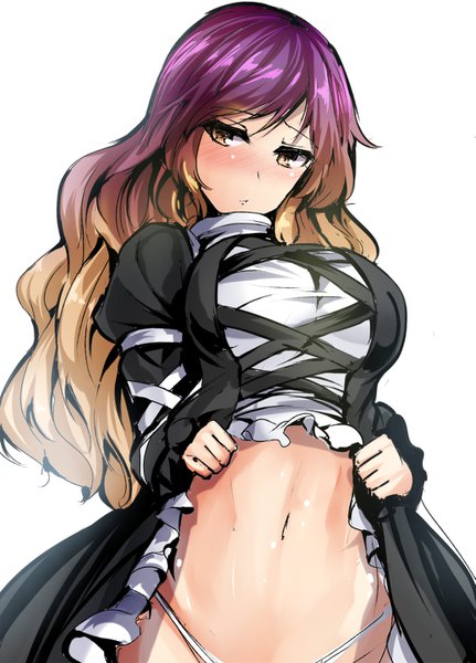 Anime picture 1035x1440 with touhou hijiri byakuren y2 single long hair tall image blush fringe breasts light erotic blonde hair simple background large breasts white background holding brown eyes purple hair upper body embarrassed looking down