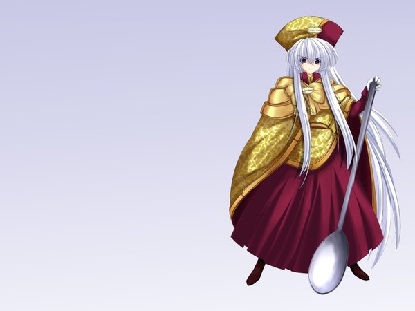 Anime picture 1600x1200 with haagen-dazs tagme (artist) single fringe simple background hair between eyes standing silver hair full body very long hair gradient background girl hat spoon