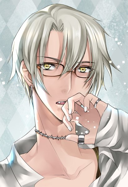 Anime picture 550x800 with original kigino single tall image fringe short hair hair between eyes yellow eyes payot looking away fingernails grey hair fang (fangs) portrait eyebrows checkered checkered background rhombus hands on face boy