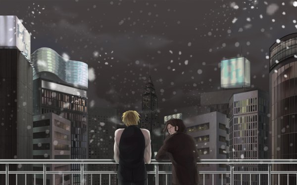 Anime picture 1600x1000 with durarara!! brains base (studio) heiwajima shizuo tanaka tom aile (crossroads) short hair blonde hair smile brown hair wide image eyes closed looking back from behind city snowing winter cityscape city lights boy shirt