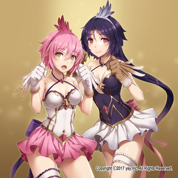 Anime picture 800x800 with revolve gabiran looking at viewer fringe short hair breasts open mouth simple background smile hair between eyes large breasts bare shoulders multiple girls yellow eyes looking away pink hair cleavage purple hair very long hair pleated skirt