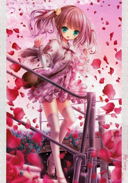 Anime picture 3395x4835 with original tinker bell single long hair tall image blush highres open mouth twintails green eyes pink hair absurdres scan loli girl thighhighs dress flower (flowers) petals white thighhighs