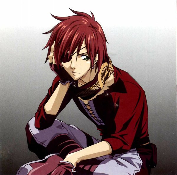 Anime picture 1153x1136 with d.gray-man lavi single short hair simple background brown hair sitting red hair arm support boy gloves fingerless gloves eyepatch