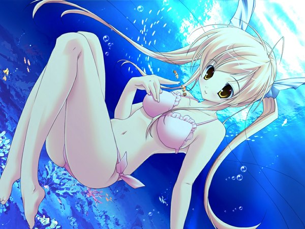 Anime picture 1024x768 with mikeou long hair light erotic blonde hair twintails barefoot soles underwater swimsuit bikini side-tie bikini fish (fishes)