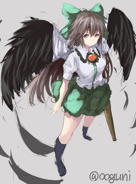 Anime picture 800x1085 with touhou reiuji utsuho wowoguni single long hair tall image looking at viewer fringe black hair simple background red eyes signed from above grey background black wings sketch arm cannon girl bow weapon