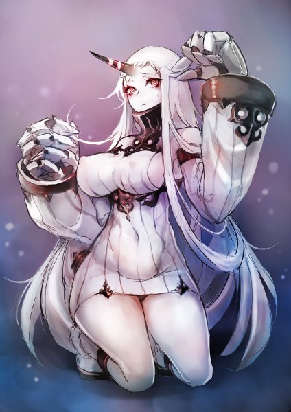 Anime picture 848x1200 with kantai collection seaport hime taishi (picchiridou) single tall image breasts light erotic red eyes large breasts white hair very long hair horn (horns) pantyshot kneeling white skin shinkaisei-kan mechanical arms girl dress navel