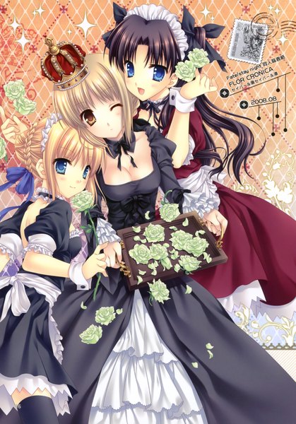 Anime picture 2804x4011 with fate (series) fate/stay night studio deen type-moon artoria pendragon (all) saber toosaka rin saber alter tatekawa mako tall image highres blue eyes light erotic black hair blonde hair multiple girls yellow eyes cleavage one eye closed wink