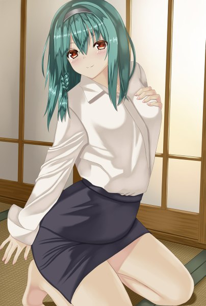 Anime picture 845x1256 with original komori413 single long hair tall image looking at viewer blush smile red eyes green hair girl skirt shirt hairband