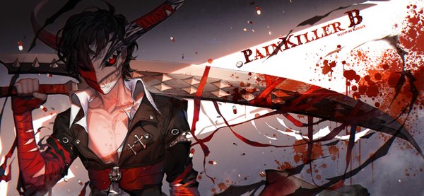Anime picture 1280x591 with herowarz painkiller b kawacy single looking at viewer fringe short hair black hair red eyes wide image holding signed upper body shadow character names watermark shaded face open collar clenched teeth bloody clothes