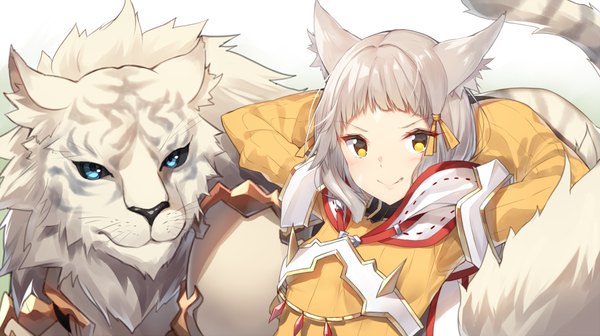 Anime picture 864x484 with xenoblade xenoblade 2 nia (xenoblade) dromarch (xenoblade) byakko (xenoblade) yappen single looking at viewer blush short hair blue eyes smile wide image animal ears yellow eyes silver hair arms behind head girl ribbon (ribbons) hair ribbon