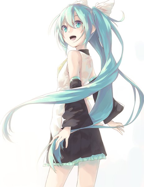 Anime picture 1000x1294 with vocaloid hatsune miku la-na single long hair tall image open mouth simple background white background twintails aqua eyes aqua hair happy looking up girl skirt uniform school uniform detached sleeves shirt