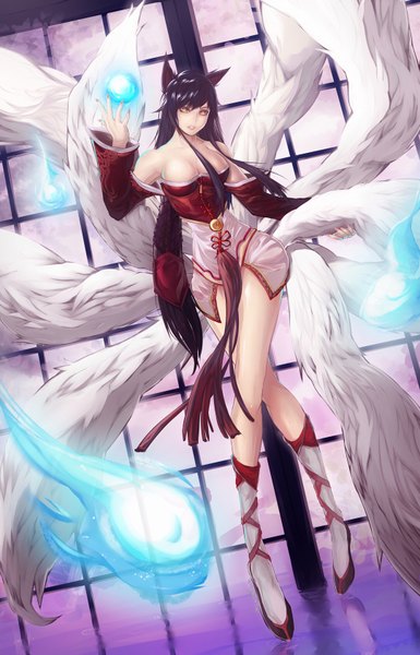 Anime picture 1080x1680 with league of legends ahri (league of legends) single long hair tall image blush breasts light erotic bare shoulders animal ears yellow eyes cleavage tail animal tail fox ears fox tail fox girl multiple tails girl detached sleeves