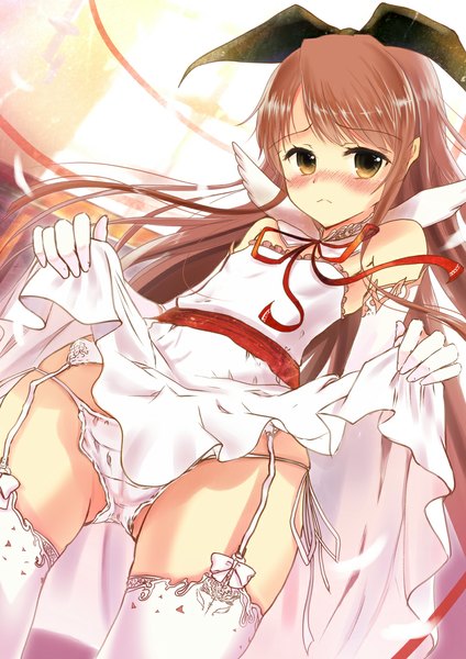 Anime picture 826x1169 with idolmaster minase iori akabane (zebrasmise) single long hair tall image blush fringe light erotic brown hair bare shoulders brown eyes looking away from below angel wings sad girl thighhighs dress gloves