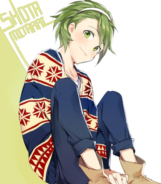 Anime-Bild 700x800 mit idolmaster idolmaster side-m mitarai shouta mizz (mizzmizz) single tall image looking at viewer blush fringe short hair simple background smile white background sitting green eyes head tilt green hair character names between legs boy