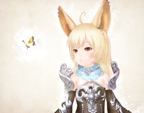 Anime picture 1500x1184 with tera online hono mochizuki single long hair blonde hair brown eyes animal ears looking away ahoge girl dress detached sleeves insect butterfly
