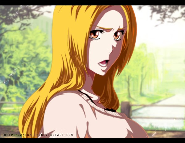 Anime picture 1200x929 with bleach studio pierrot inoue orihime akira-12 single long hair open mouth blonde hair sunlight orange eyes coloring portrait river girl plant (plants) tree (trees) sweater