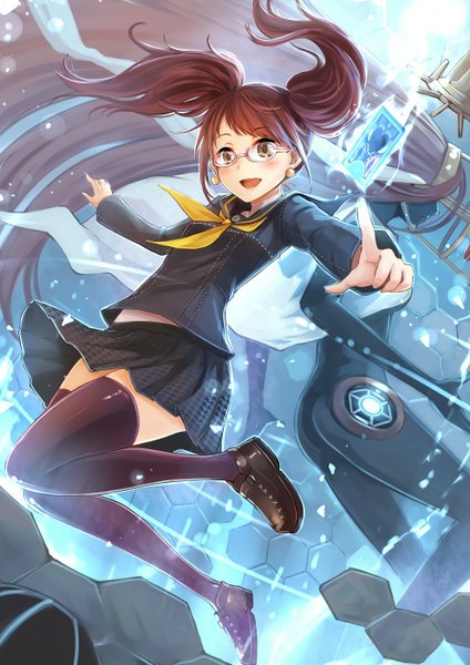 Anime picture 992x1403 with persona 4 persona kujikawa rise ks single long hair tall image looking at viewer blush open mouth brown hair twintails brown eyes girl thighhighs skirt uniform black thighhighs school uniform glasses