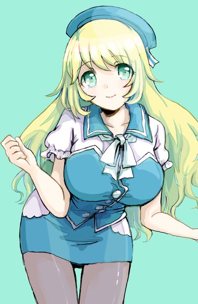Anime picture 875x1343 with kantai collection atago heavy cruiser tochita single long hair tall image looking at viewer breasts simple background blonde hair smile large breasts green eyes green background girl skirt pantyhose beret skirt set