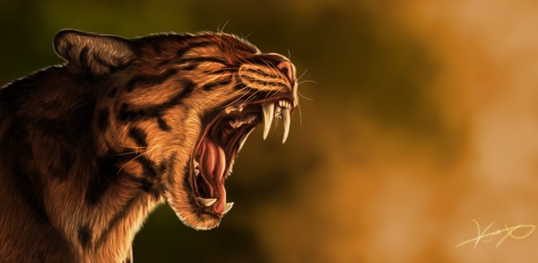 Anime picture 2333x1141 with original goldenphoenix100 highres open mouth wide image eyes closed teeth fang (fangs) animal tiger