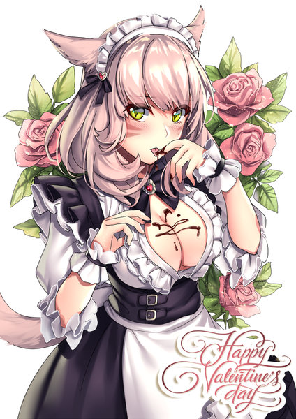 Anime picture 566x800 with final fantasy final fantasy xiv square enix miqo'te aruma jiki single tall image looking at viewer blush fringe short hair breasts light erotic simple background large breasts white background green eyes animal ears pink hair cleavage