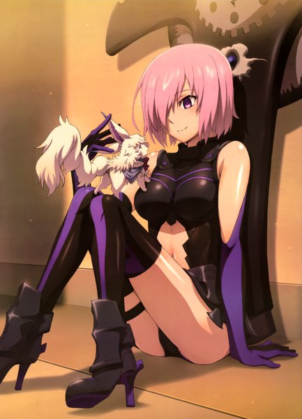 Anime picture 4103x5688 with fate (series) fate/grand order nyantype mash kyrielight fou (fate) gotou keisuke single tall image fringe highres short hair light erotic smile sitting purple eyes bare shoulders pink hair absurdres hair over one eye arm support