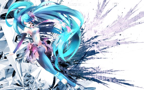 Anime picture 1920x1200 with vocaloid vocaloid append hatsune miku hatsune miku (append) plastick highres wide image twintails green eyes aqua hair girl detached sleeves headphones