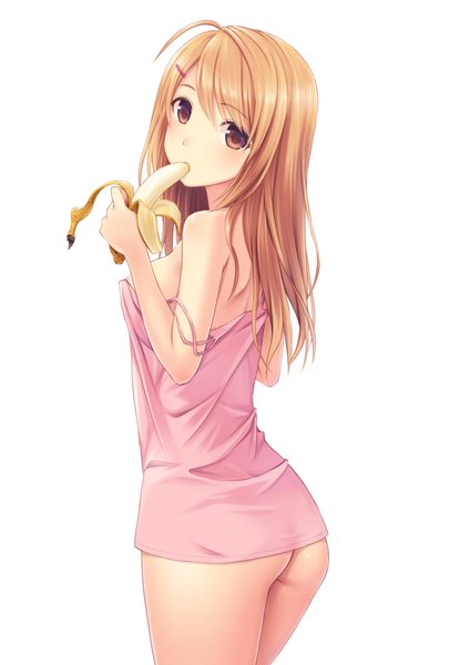 Anime picture 1447x2047 with original n.g. single long hair tall image breasts open mouth light erotic simple background blonde hair large breasts standing white background bare shoulders brown eyes ahoge ass looking back eating girl