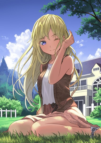 Anime picture 731x1034 with original yoropa single long hair tall image looking at viewer blue eyes blonde hair sitting sky cloud (clouds) one eye closed light smile wink girl