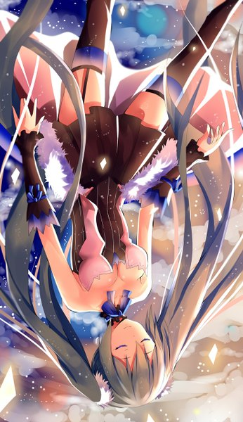 Anime picture 738x1280 with vocaloid hatsune miku skyline-keng single tall image twintails bare shoulders sky cloud (clouds) eyes closed very long hair aqua hair upside down falling girl dress detached sleeves garter straps
