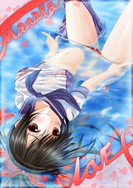 Anime picture 717x1012 with love plus takane manaka nisson single long hair tall image looking at viewer blush light erotic black hair brown eyes girl navel uniform swimsuit school uniform bikini water serafuku heart