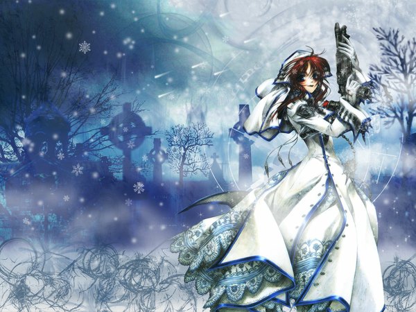 Anime picture 1024x768 with trinity blood gonzo esther blanchett blue eyes red hair snowing winter girl weapon gun snowflake (snowflakes)