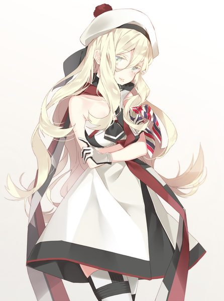 Anime picture 862x1159 with kantai collection richelieu (kantai collection) naoto (tulip) single long hair tall image looking at viewer fringe simple background blonde hair hair between eyes standing white background bare shoulders green eyes mole mole under eye crossed arms girl dress