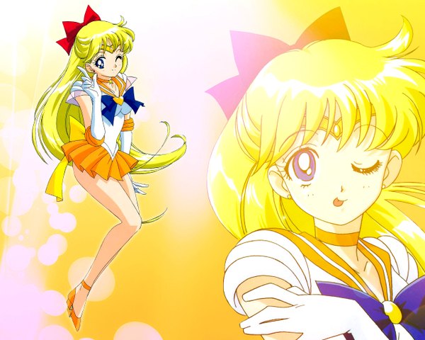 Anime picture 1280x1024 with bishoujo senshi sailor moon toei animation aino minako sailor venus looking at viewer blue eyes blonde hair very long hair one eye closed multiview half updo girl gloves bow hair bow heart tongue star (symbol)