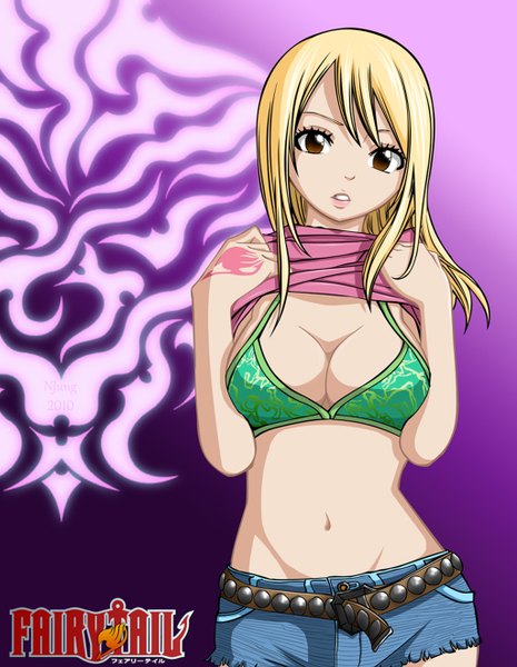 Anime picture 1024x1320 with fairy tail lucy heartfilia natilokijung single long hair tall image breasts light erotic simple background blonde hair brown eyes cleavage inscription midriff tattoo coloring girl navel shorts belt