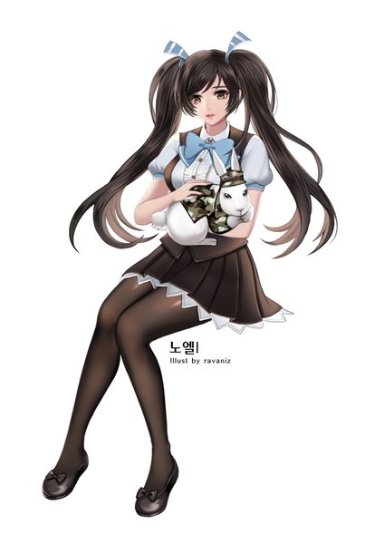 Anime picture 2480x3508 with original ravaniz single tall image looking at viewer highres black hair simple background white background sitting twintails brown eyes very long hair girl skirt ribbon (ribbons) hair ribbon animal pantyhose bowtie