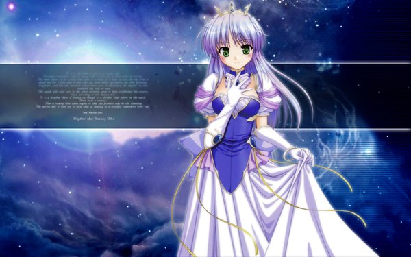 Anime picture 1920x1200 with yoake mae yori ruri iro na august soft feena fam earthlight single long hair looking at viewer fringe highres breasts simple background smile wide image standing holding green eyes cleavage purple hair short sleeves wallpaper puffy sleeves