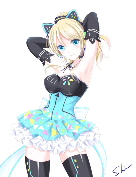 Anime picture 800x1040 with love live! school idol project sunrise (studio) love live! ayase eli shino (shinderera) single long hair tall image looking at viewer blush fringe breasts blue eyes light erotic simple background blonde hair smile standing white background bare shoulders
