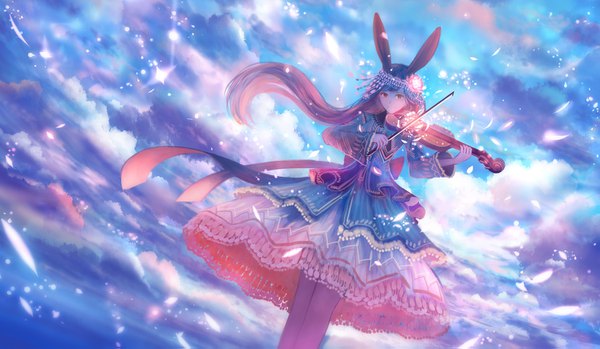 Anime picture 1496x871 with original bounin single long hair looking at viewer fringe smile red eyes wide image standing holding animal ears sky purple hair cloud (clouds) wind wide sleeves glowing playing instrument girl