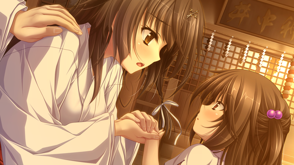 Anime picture 1280x720 with amatsutsumi purple software asahina kyouko (amatsutsumi) long hair blush open mouth black hair wide image multiple girls brown eyes game cg traditional clothes japanese clothes miko eye contact girl 2 girls
