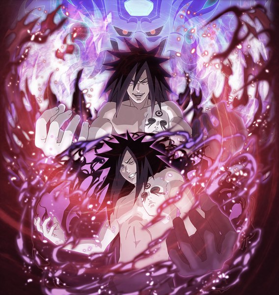 Anime picture 1024x1081 with naruto studio pierrot naruto (series) uchiha madara shiroshikun666 single long hair tall image looking at viewer smile one eye closed magic topless third-party edit clenched teeth spiked hair sharingan laughing crazy smile rinnegan