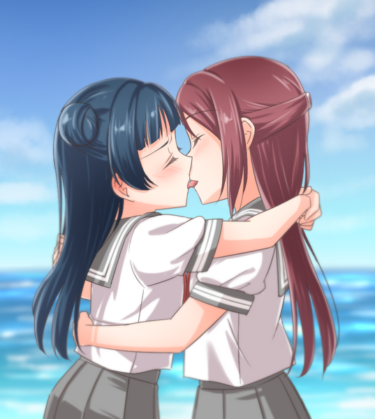 Anime picture 820x916 with love live! sunshine!! sunrise (studio) love live! sakurauchi riko tsushima yoshiko rate rapiku long hair tall image blush light erotic multiple girls payot blue hair sky cloud (clouds) outdoors red hair eyes closed profile short sleeves