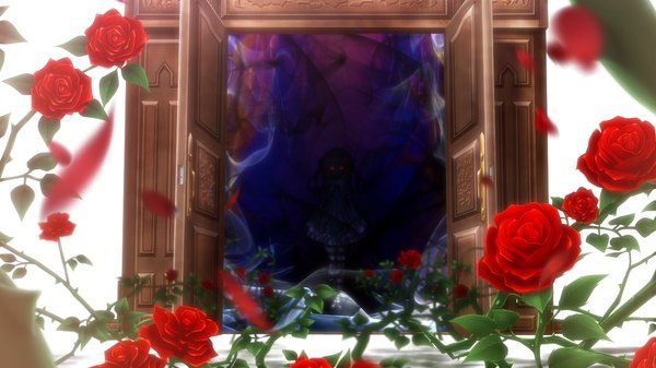 Anime picture 1280x720 with hapymaher purple software naitou maia short hair wide image game cg red hair glowing glowing eye (eyes) lolita fashion girl dress flower (flowers) door